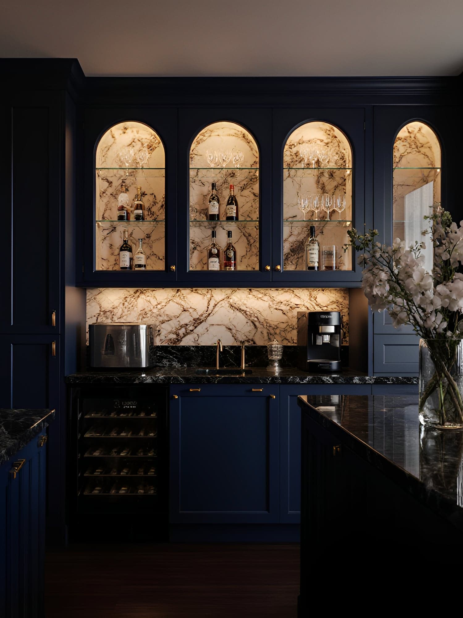 Custom home bar with arched cabinetry, Los Angeles