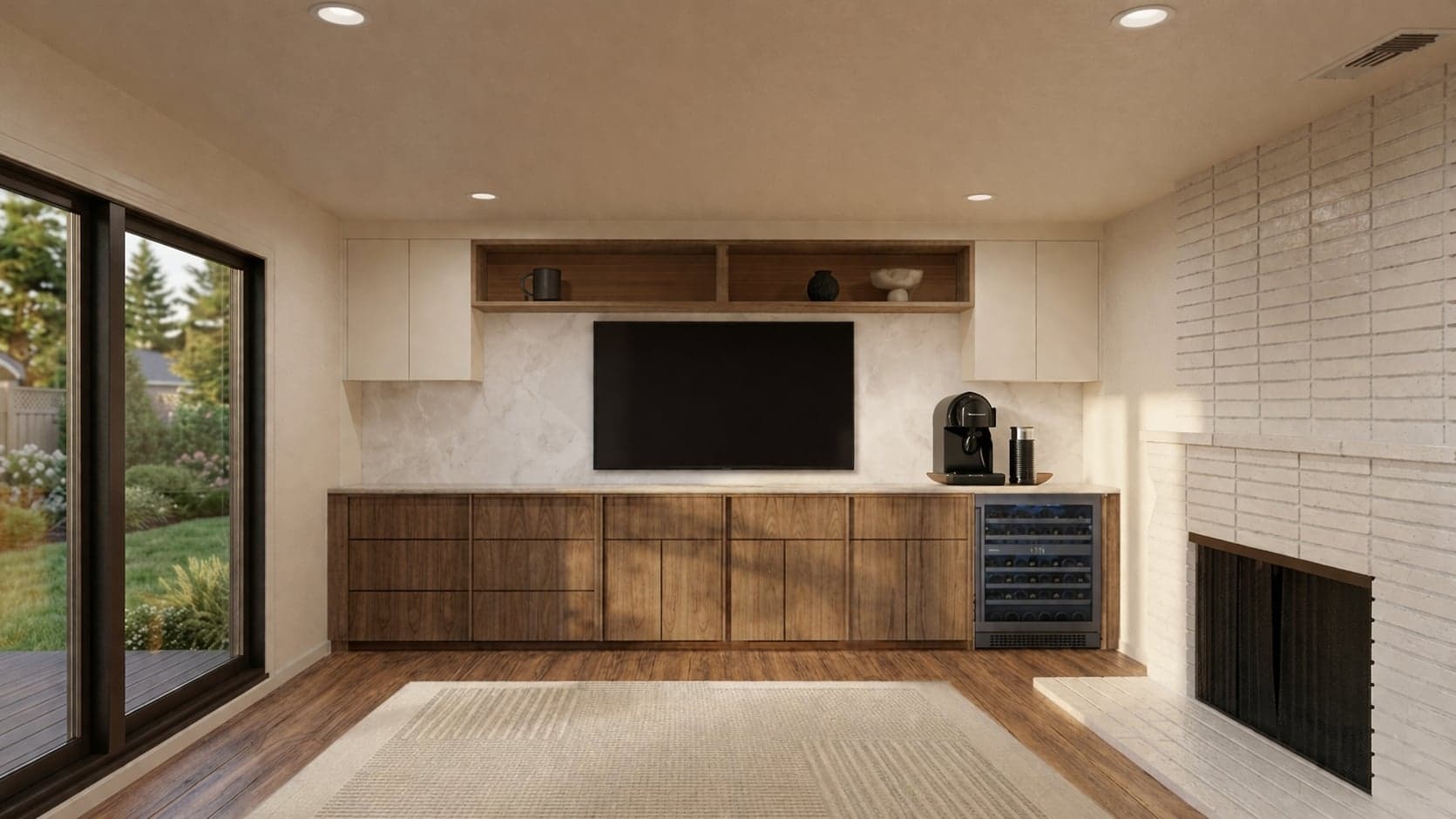 Custom media wall with onyx fireplace, Los Angeles