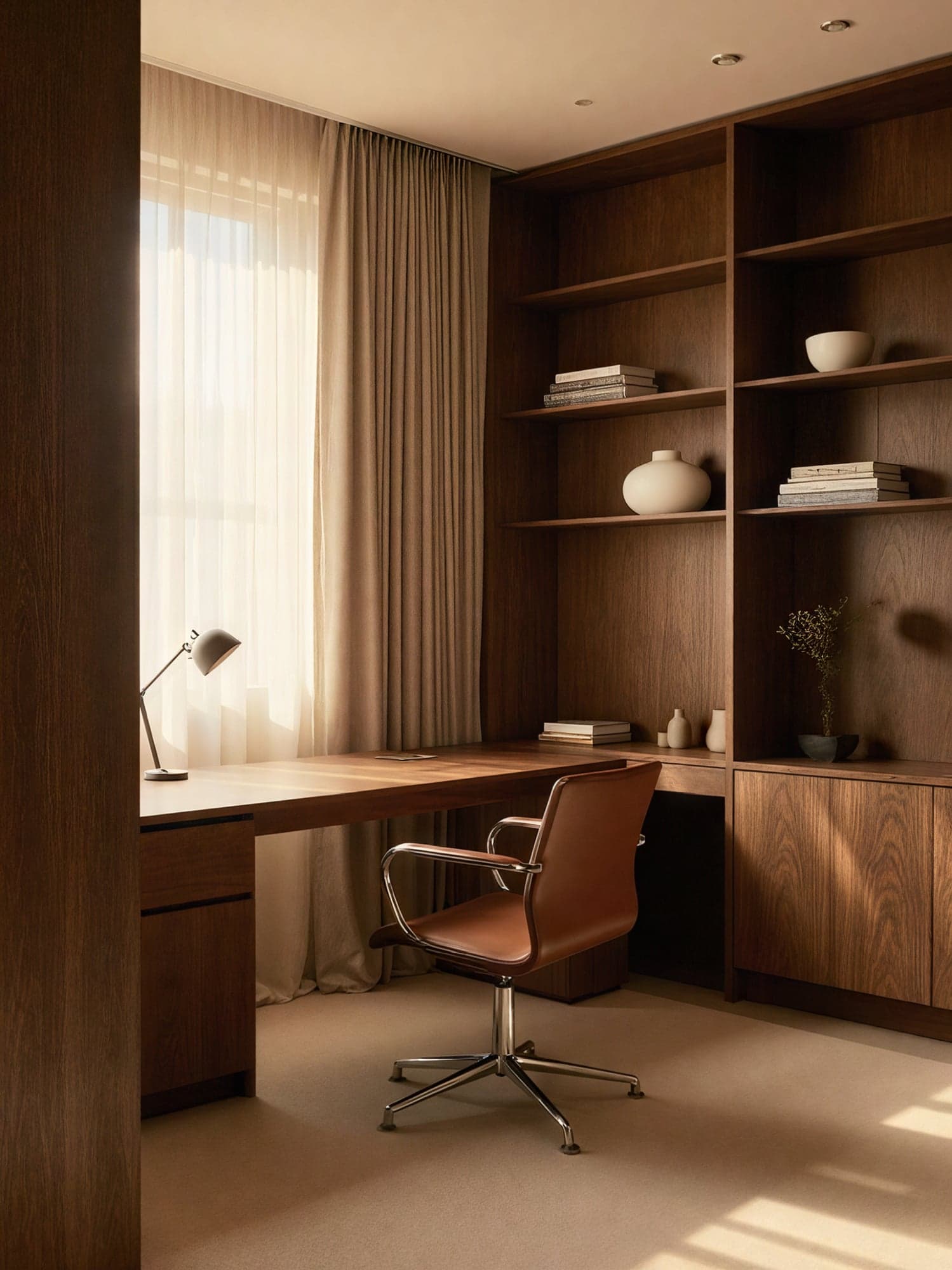 Custom home office with wood shelving, Los Angeles